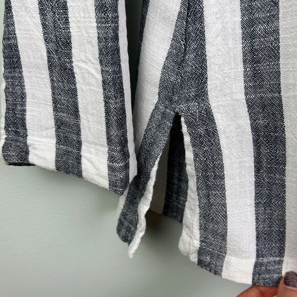 209 wst 38 Linen Cotton Top White Grey Stripes Drawstring Hoodie Blouse sz 6 EUC - Picture 6 of 11